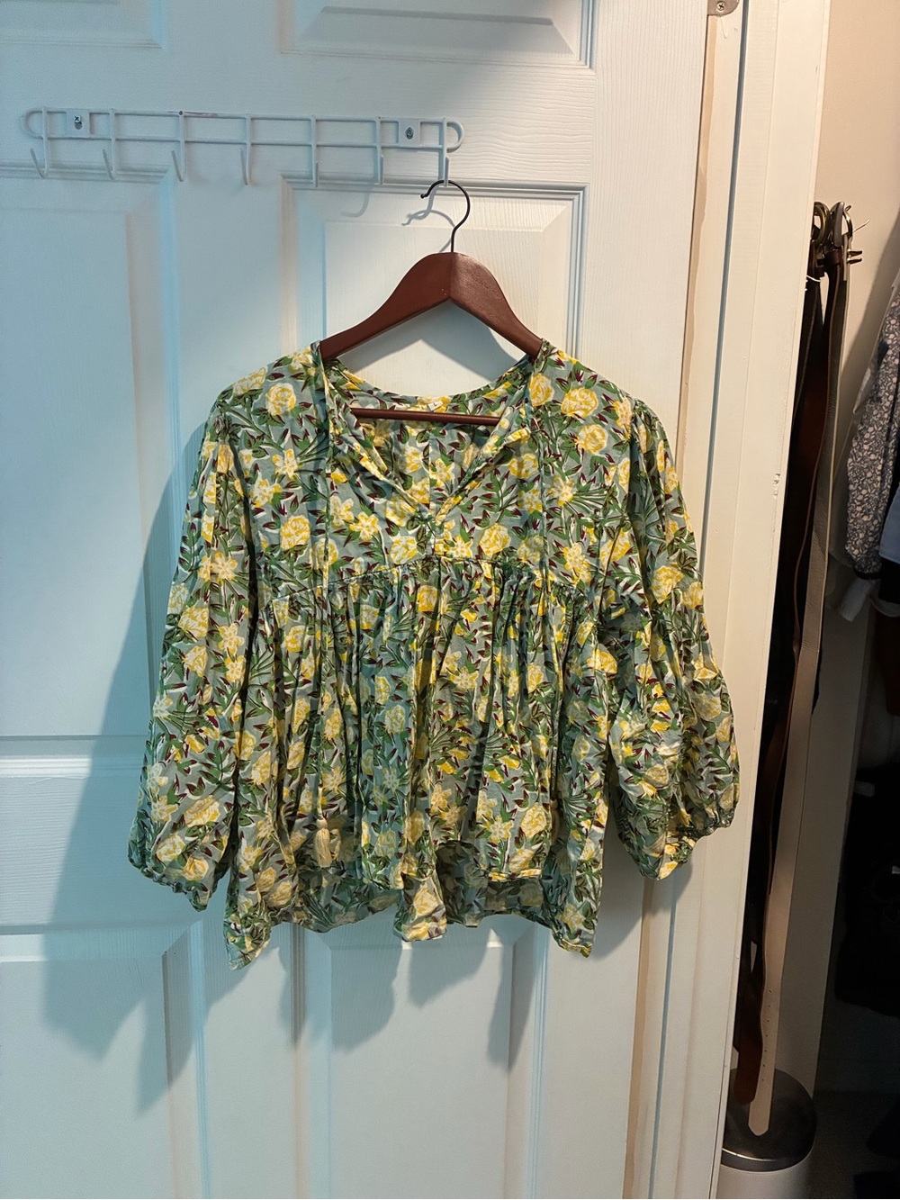 Women's Floral Peasant Blouse - Green & Yellow